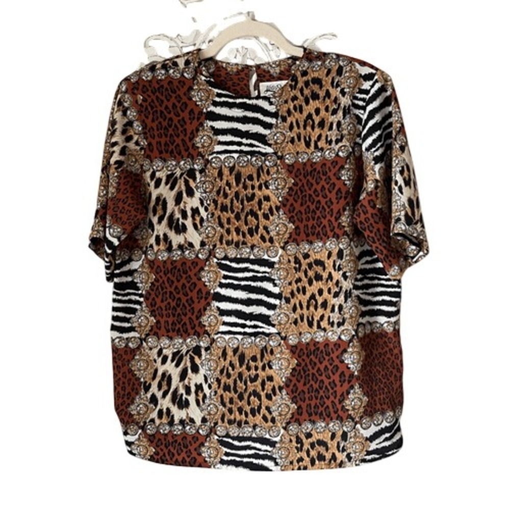 T9 80s 90s VTG Yves‎ St Clair Vintage Animal Blouse Leopard Zebra Baroque Gold